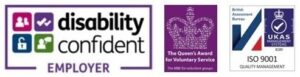 Disability Confident Employer, Queen's Award, ISO 9001 logos